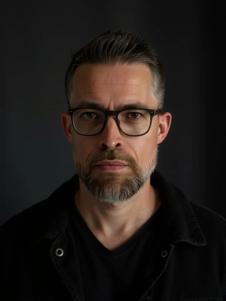 Portrait intense de Mikael Buxton avec lunettes